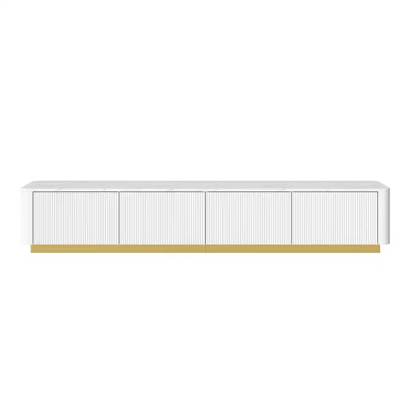 Meuble TV cannelé pour téléviseurs jusqu'à 85 pouces, console média avec plateau en faux marbre et 4 tiroirs, meuble de divertissement avec base dorée