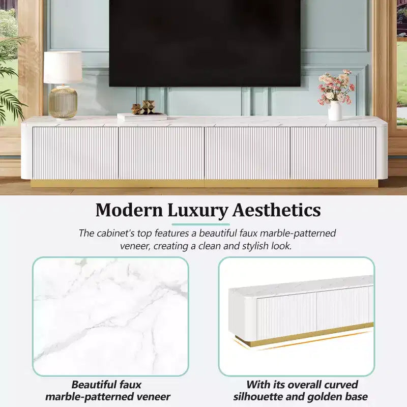 Meuble TV cannelé pour téléviseurs jusqu'à 85 pouces, console média avec plateau en faux marbre et 4 tiroirs, meuble de divertissement avec base dorée