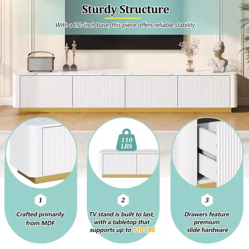 Meuble TV cannelé pour téléviseurs jusqu'à 85 pouces, console média avec plateau en faux marbre et 4 tiroirs, meuble de divertissement avec base dorée