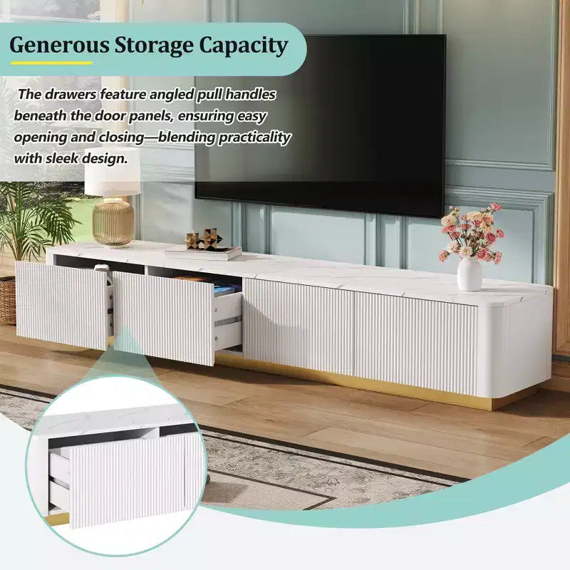 Meuble TV cannelé pour téléviseurs jusqu'à 85 pouces, console média avec plateau en faux marbre et 4 tiroirs, meuble de divertissement avec base dorée