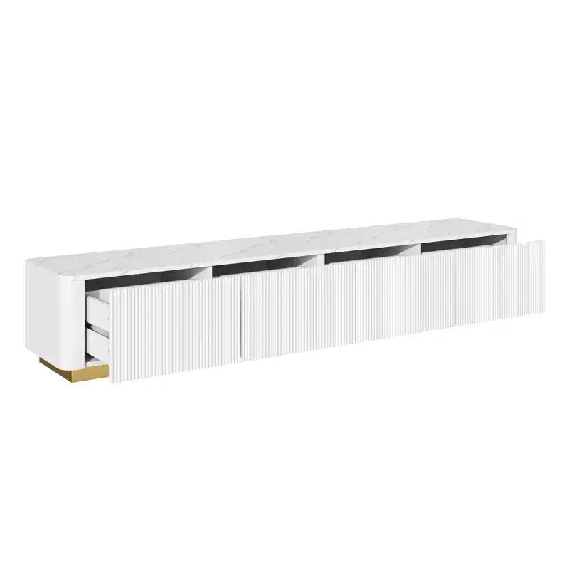 Meuble TV cannelé pour téléviseurs jusqu'à 85 pouces, console média avec plateau en faux marbre et 4 tiroirs, meuble de divertissement avec base dorée