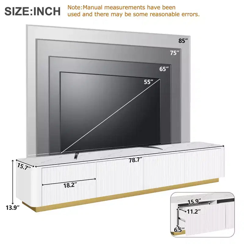Meuble TV cannelé pour téléviseurs jusqu'à 85 pouces, console média avec plateau en faux marbre et 4 tiroirs, meuble de divertissement avec base dorée