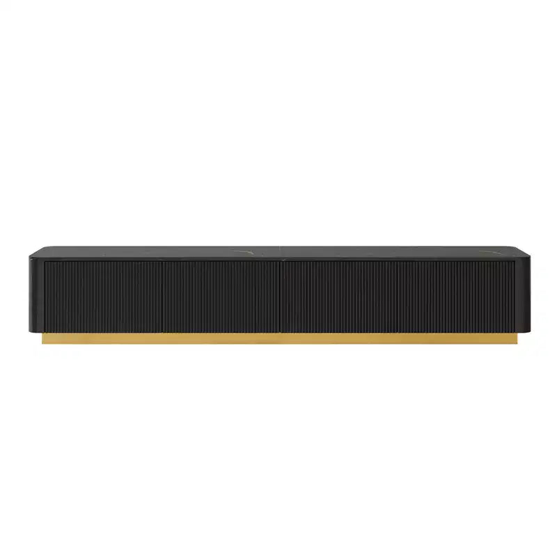 Meuble TV cannelé pour téléviseurs jusqu'à 85 pouces, console média avec plateau en faux marbre et 4 tiroirs, meuble de divertissement avec base dorée