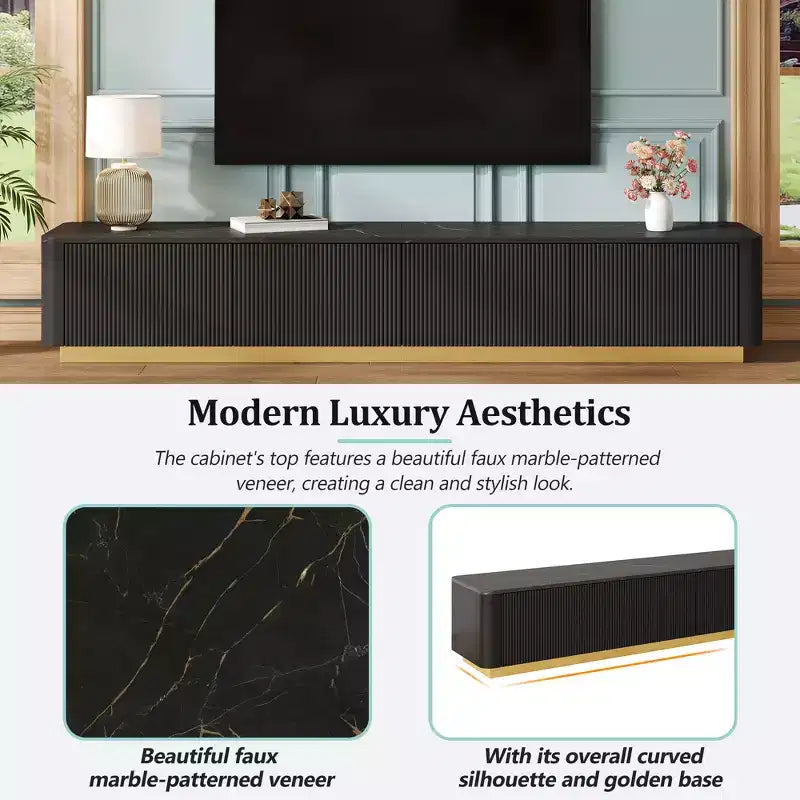 Meuble TV cannelé pour téléviseurs jusqu'à 85 pouces, console média avec plateau en faux marbre et 4 tiroirs, meuble de divertissement avec base dorée