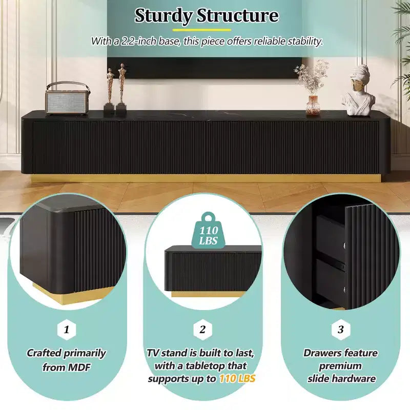 Meuble TV cannelé pour téléviseurs jusqu'à 85 pouces, console média avec plateau en faux marbre et 4 tiroirs, meuble de divertissement avec base dorée