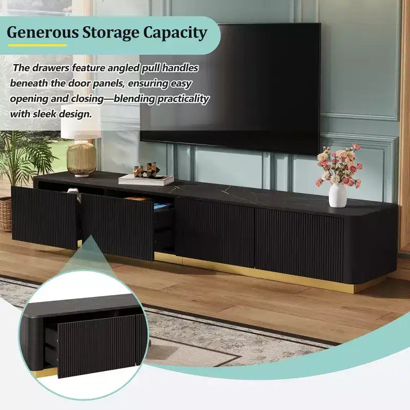 Meuble TV cannelé pour téléviseurs jusqu'à 85 pouces, console média avec plateau en faux marbre et 4 tiroirs, meuble de divertissement avec base dorée