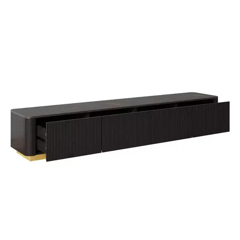 Meuble TV cannelé pour téléviseurs jusqu'à 85 pouces, console média avec plateau en faux marbre et 4 tiroirs, meuble de divertissement avec base dorée