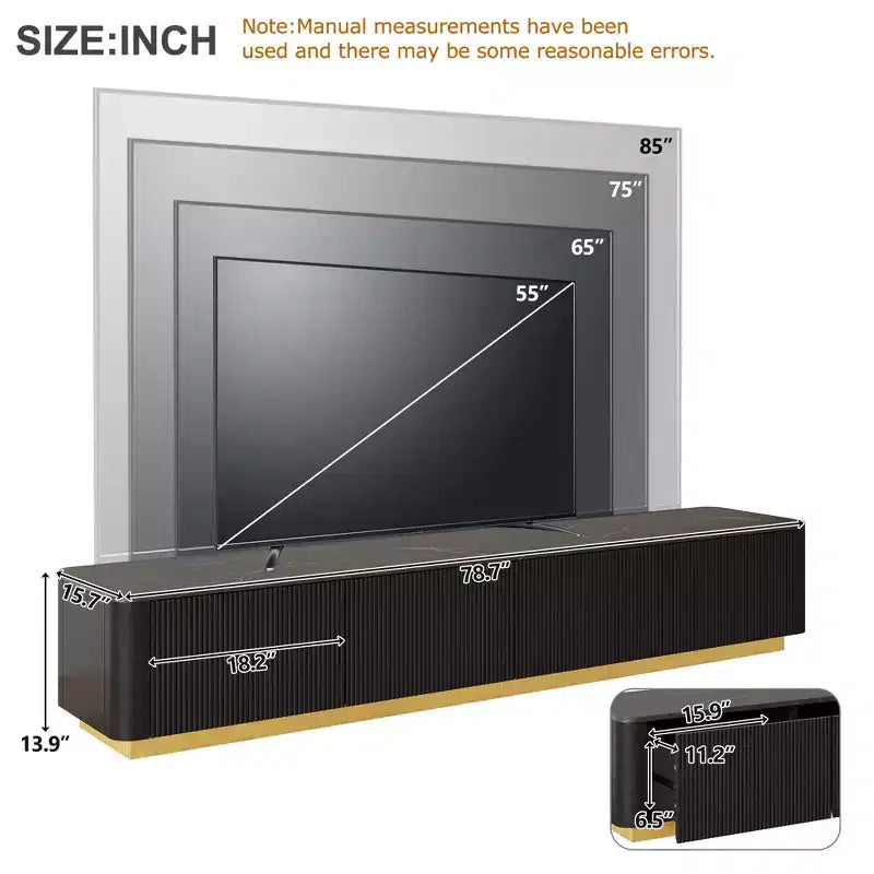 Meuble TV cannelé pour téléviseurs jusqu'à 85 pouces, console média avec plateau en faux marbre et 4 tiroirs, meuble de divertissement avec base dorée