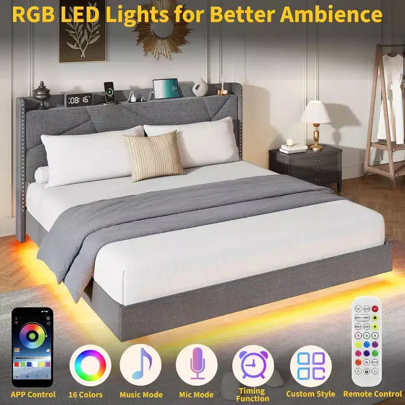 Cadre de lit plateforme moderne suspendu et rembourré avec lumières LED et prises, tête de lit, support en lattes de bois robustes, silencieux et facile à assembler