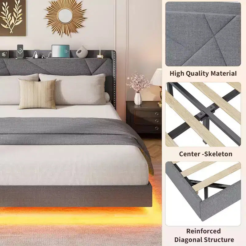 Cadre de lit plateforme moderne suspendu et rembourré avec lumières LED et prises, tête de lit, support en lattes de bois robustes, silencieux et facile à assembler