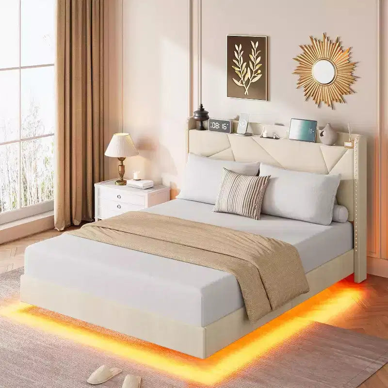 Cadre de lit plateforme moderne suspendu et rembourré avec lumières LED et prises, tête de lit, support en lattes de bois robustes, silencieux et facile à assembler