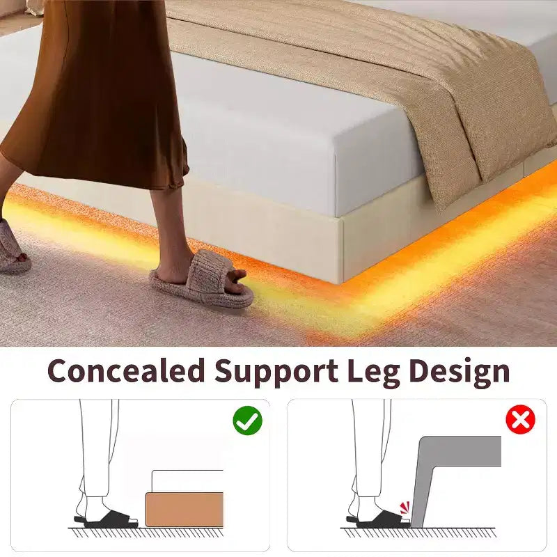 Cadre de lit plateforme moderne suspendu et rembourré avec lumières LED et prises, tête de lit, support en lattes de bois robustes, silencieux et facile à assembler