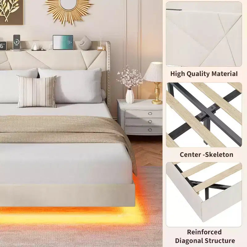 Cadre de lit plateforme moderne suspendu et rembourré avec lumières LED et prises, tête de lit, support en lattes de bois robustes, silencieux et facile à assembler