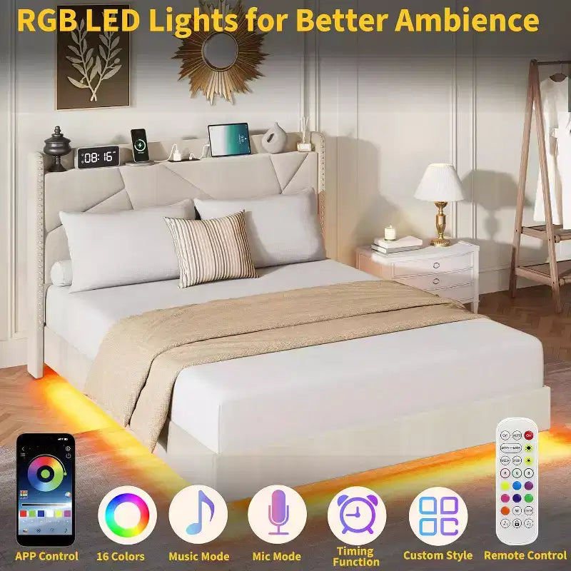 Cadre de lit plateforme moderne suspendu et rembourré avec lumières LED et prises, tête de lit, support en lattes de bois robustes, silencieux et facile à assembler