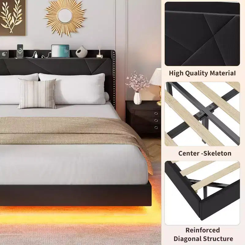 Cadre de lit plateforme moderne suspendu et rembourré avec lumières LED et prises, tête de lit, support en lattes de bois robustes, silencieux et facile à assembler