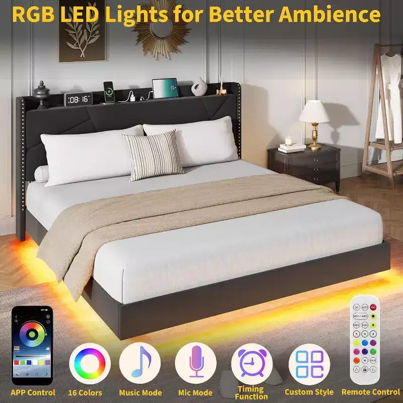 Cadre de lit plateforme moderne suspendu et rembourré avec lumières LED et prises, tête de lit, support en lattes de bois robustes, silencieux et facile à assembler