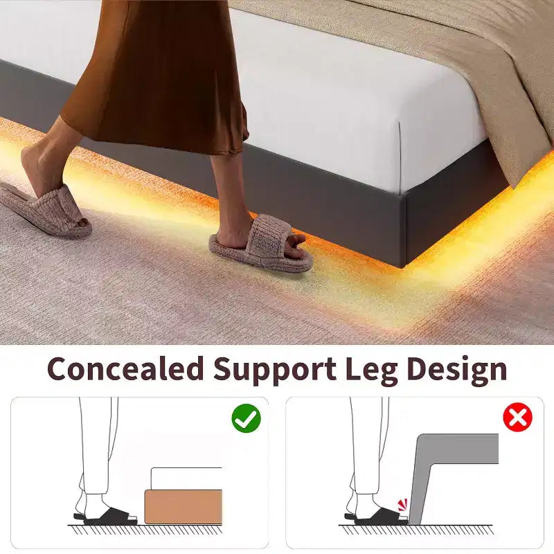 Cadre de lit plateforme moderne suspendu et rembourré avec lumières LED et prises, tête de lit, support en lattes de bois robustes, silencieux et facile à assembler