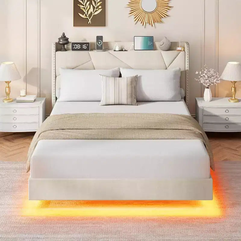 Cadre de lit plateforme moderne suspendu et rembourré avec lumières LED et prises, tête de lit, support en lattes de bois robustes, silencieux et facile à assembler