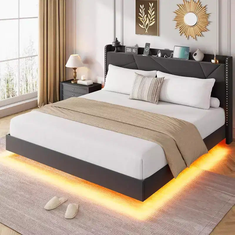 Cadre de lit plateforme moderne suspendu et rembourré avec lumières LED et prises, tête de lit, support en lattes de bois robustes, silencieux et facile à assembler