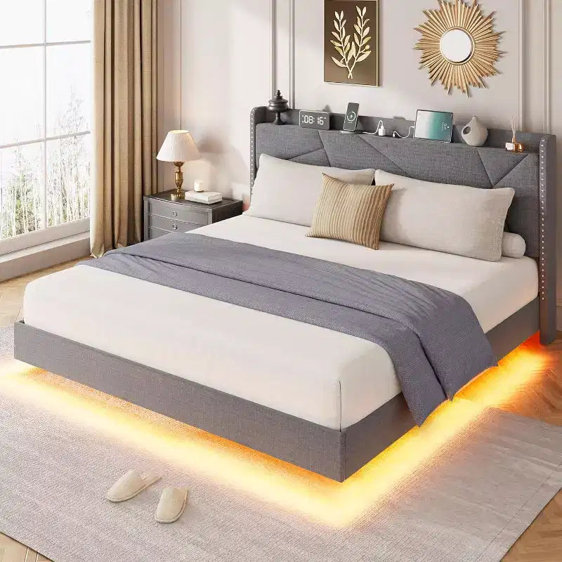 Cadre de lit plateforme moderne suspendu et rembourré avec lumières LED et prises, tête de lit, support en lattes de bois robustes, silencieux et facile à assembler