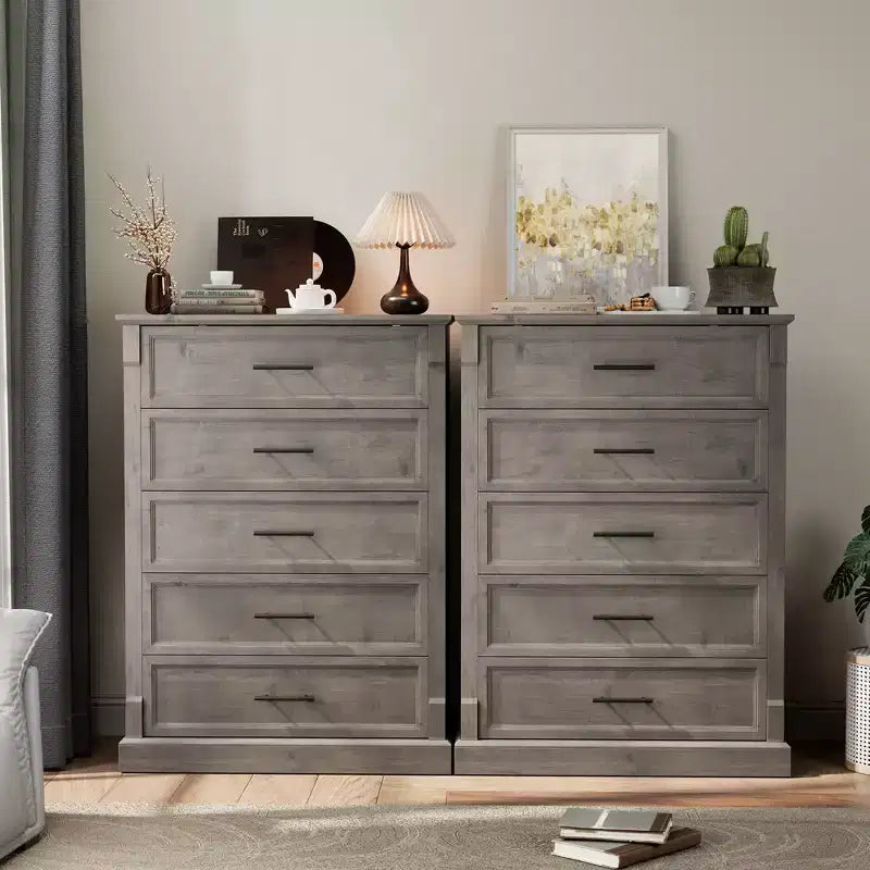Tiroirs de rangement, commode de chambre à cinq tiroirs, commode haute de ferme avec poignées en métal, salon, commode rustique en bois pour couloir