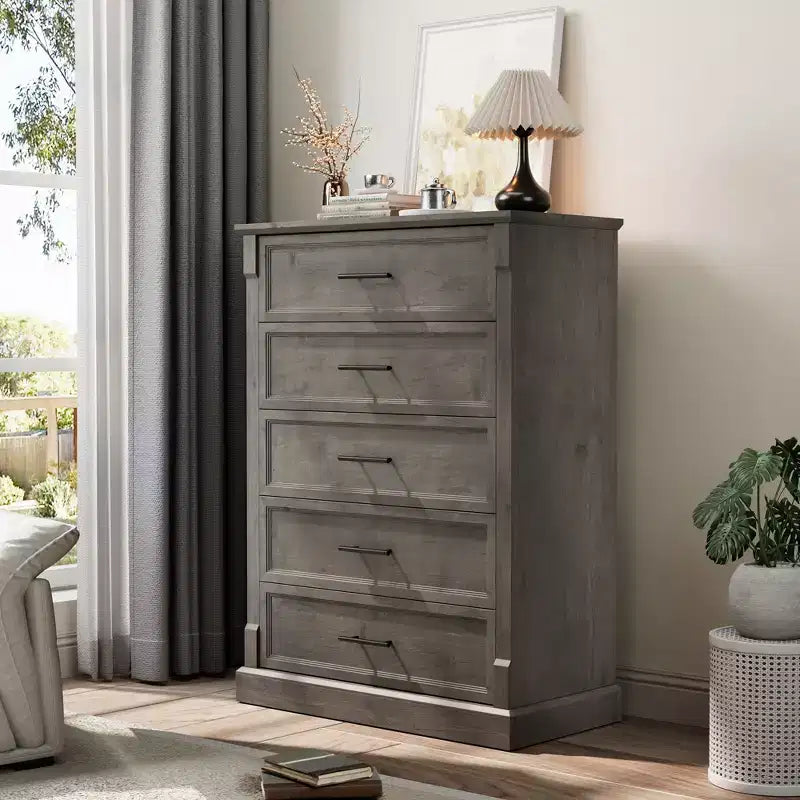 Tiroirs de rangement, commode de chambre à cinq tiroirs, commode haute de ferme avec poignées en métal, salon, commode rustique en bois pour couloir