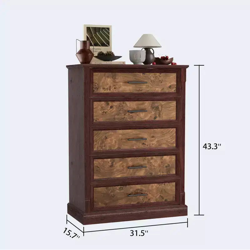 Tiroirs de rangement, commode de chambre à cinq tiroirs, commode haute de ferme avec poignées en métal, salon, commode rustique en bois pour couloir