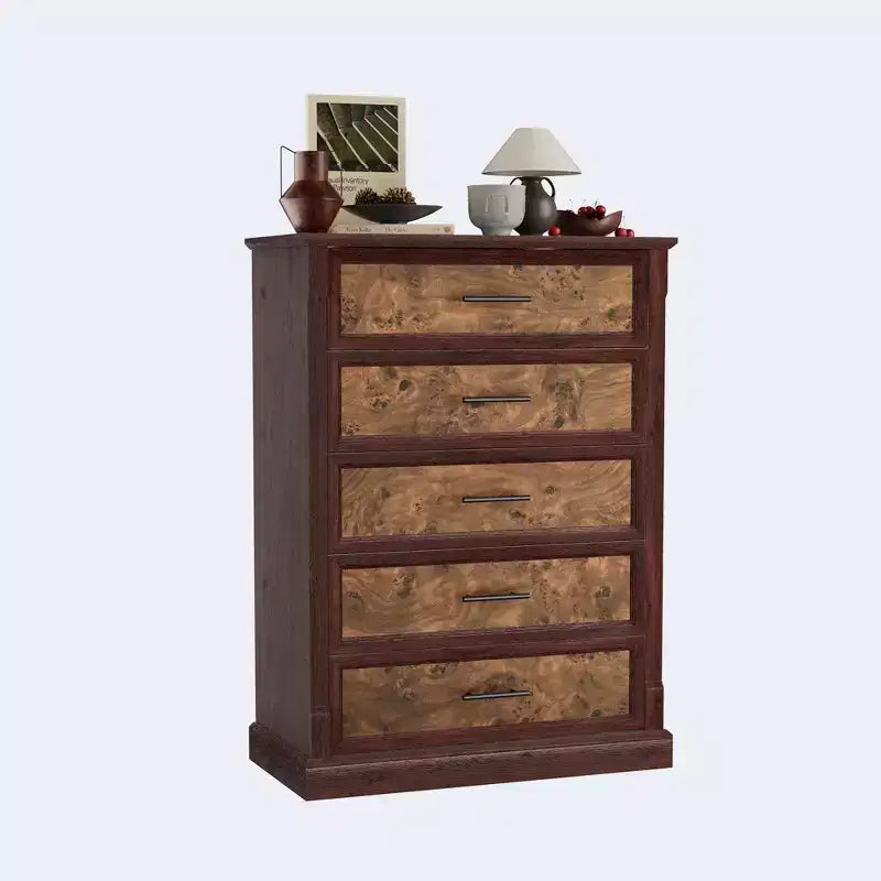 Tiroirs de rangement, commode de chambre à cinq tiroirs, commode haute de ferme avec poignées en métal, salon, commode rustique en bois pour couloir