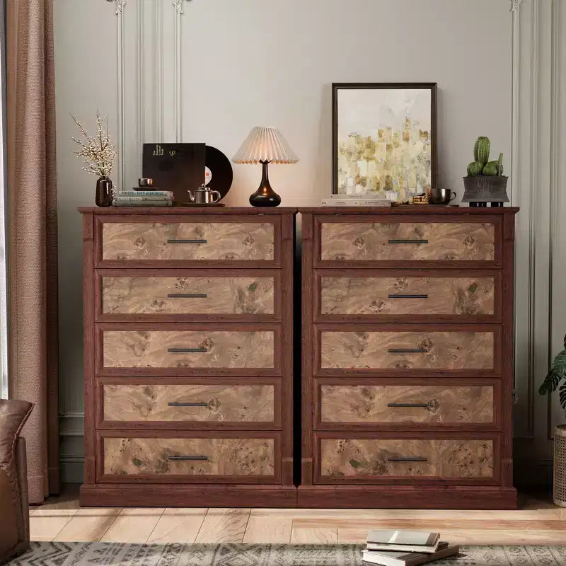 Tiroirs de rangement, commode de chambre à cinq tiroirs, commode haute de ferme avec poignées en métal, salon, commode rustique en bois pour couloir