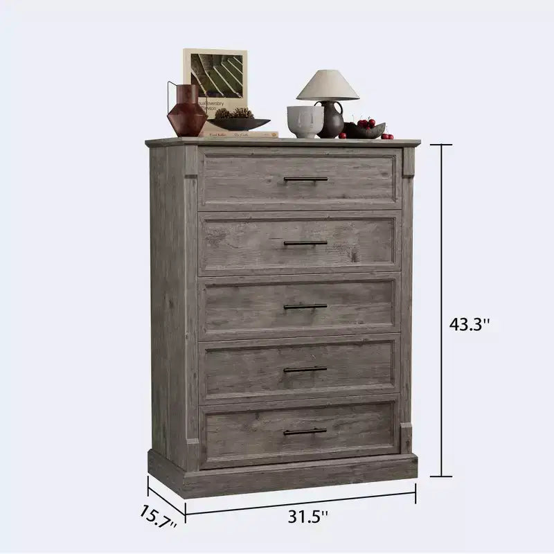 Tiroirs de rangement, commode de chambre à cinq tiroirs, commode haute de ferme avec poignées en métal, salon, commode rustique en bois pour couloir