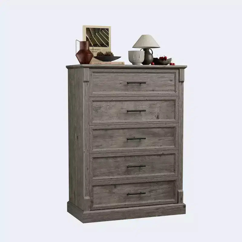 Tiroirs de rangement, commode de chambre à cinq tiroirs, commode haute de ferme avec poignées en métal, salon, commode rustique en bois pour couloir