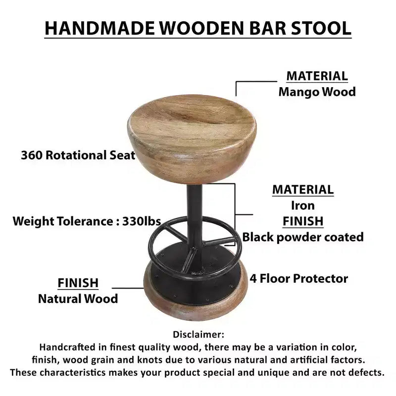 Tabouret de Bar Pivotant de Comptoir, Style Rustique, 24 Pouces, Fabriqué à la Main, Assise Ronde en Bois de Mangue Marron, Base en Fer Noir avec Repose-Pieds