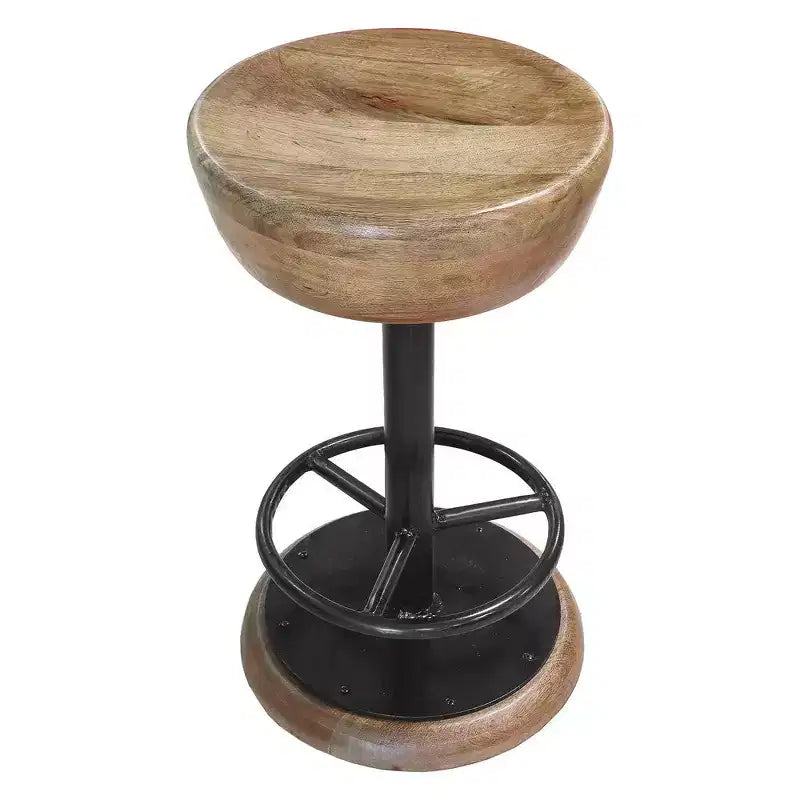 Tabouret de Bar Pivotant de Comptoir, Style Rustique, 24 Pouces, Fabriqué à la Main, Assise Ronde en Bois de Mangue Marron, Base en Fer Noir avec Repose-Pieds