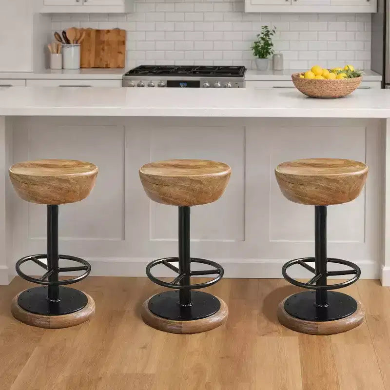 Tabouret de Bar Pivotant de Comptoir, Style Rustique, 24 Pouces, Fabriqué à la Main, Assise Ronde en Bois de Mangue Marron, Base en Fer Noir avec Repose-Pieds