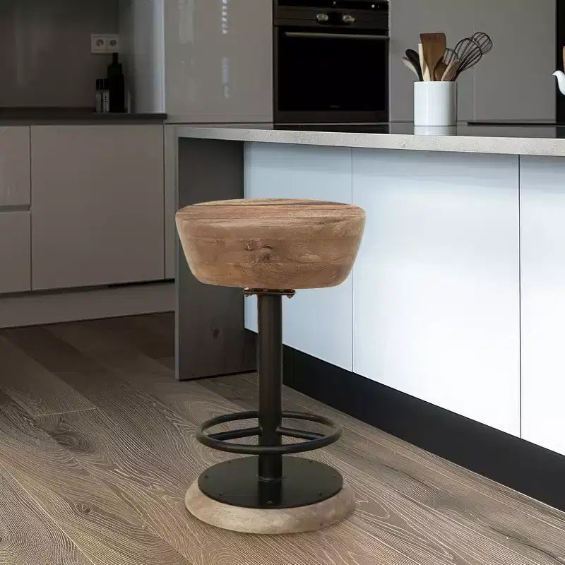 Tabouret de Bar Pivotant de Comptoir, Style Rustique, 24 Pouces, Fabriqué à la Main, Assise Ronde en Bois de Mangue Marron, Base en Fer Noir avec Repose-Pieds