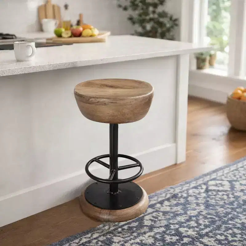 Tabouret de Bar Pivotant de Comptoir, Style Rustique, 24 Pouces, Fabriqué à la Main, Assise Ronde en Bois de Mangue Marron, Base en Fer Noir avec Repose-Pieds