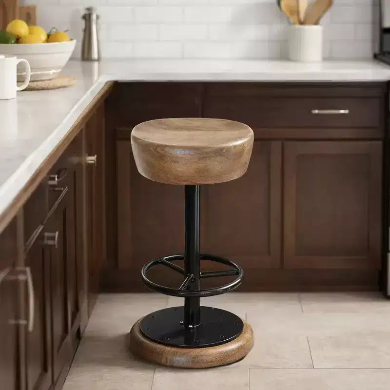 Tabouret de Bar Pivotant de Comptoir, Style Rustique, 24 Pouces, Fabriqué à la Main, Assise Ronde en Bois de Mangue Marron, Base en Fer Noir avec Repose-Pieds
