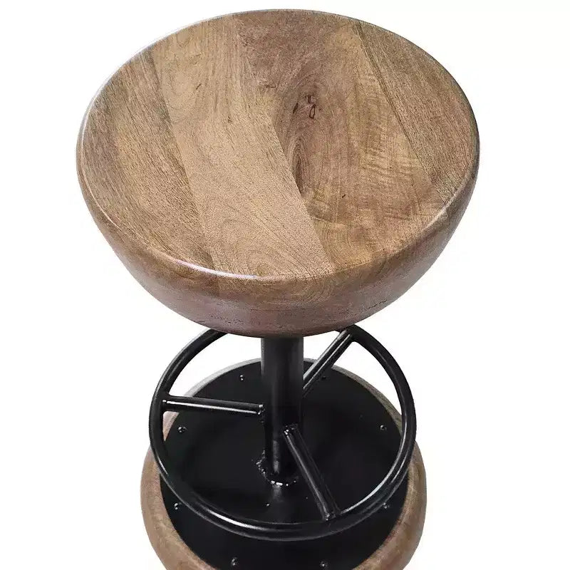 Tabouret de Bar Pivotant de Comptoir, Style Rustique, 24 Pouces, Fabriqué à la Main, Assise Ronde en Bois de Mangue Marron, Base en Fer Noir avec Repose-Pieds