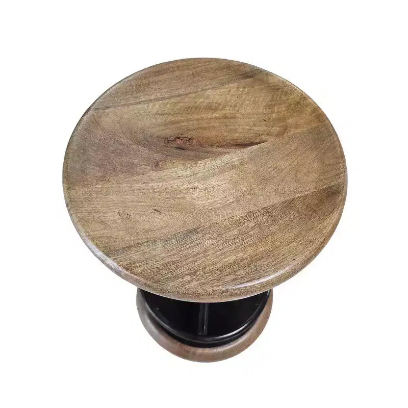 Tabouret de Bar Pivotant de Comptoir, Style Rustique, 24 Pouces, Fabriqué à la Main, Assise Ronde en Bois de Mangue Marron, Base en Fer Noir avec Repose-Pieds