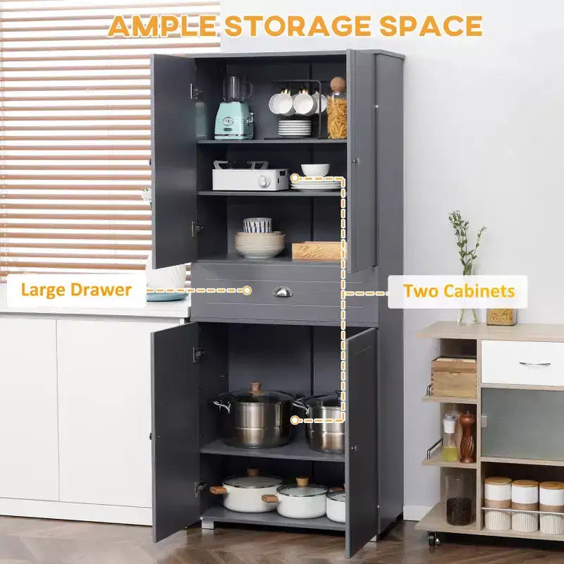 Armoire de cuisine autoportante de 72 po, armoire de rangement haute avec 4 portes, tiroir et étagères réglables pour salle à manger