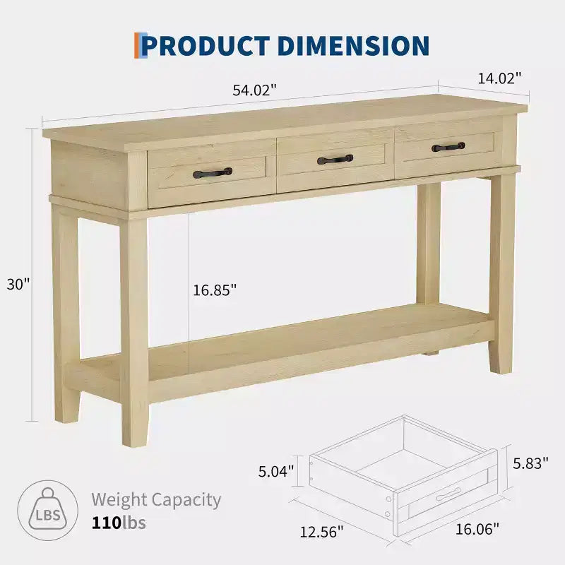 Console de ferme avec 3 tiroirs, table de canapé d'entrée en bois de 54 po avec étagères de rangement pour salon, couloir ou hall d'entrée