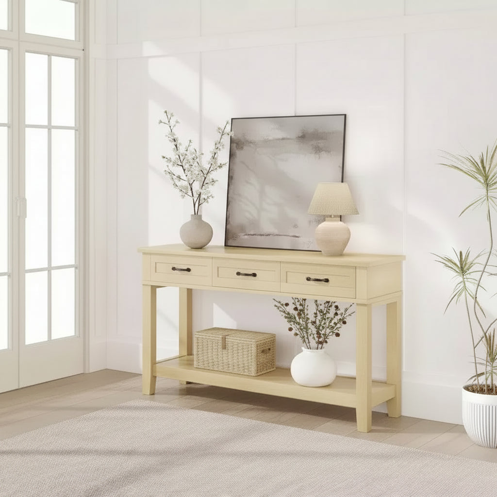 Console de ferme avec 3 tiroirs, table de canapé d'entrée en bois de 54 po avec étagères de rangement pour salon, couloir ou hall d'entrée