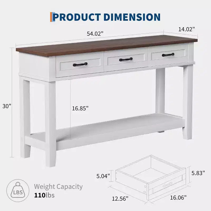 Console de ferme avec 3 tiroirs, table de canapé d'entrée en bois de 54 po avec étagères de rangement pour salon, couloir ou hall d'entrée