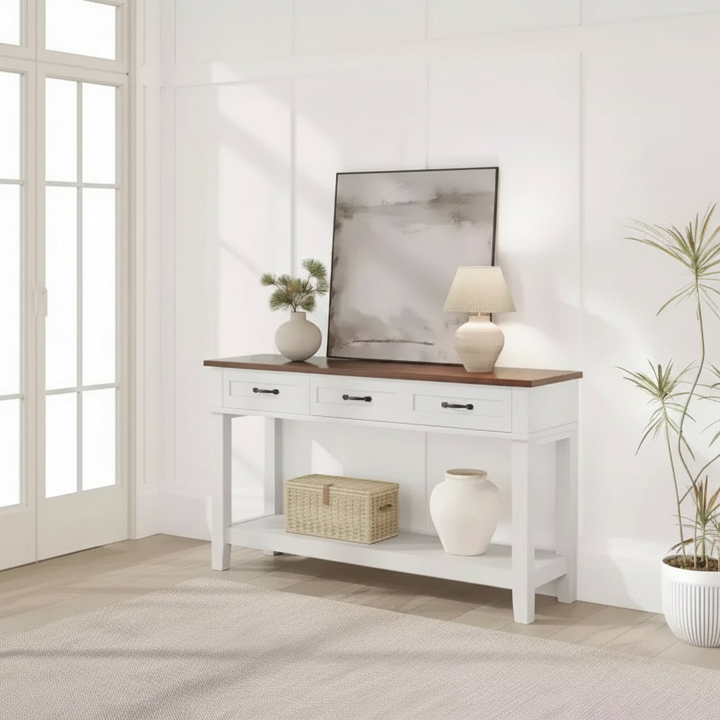 Console de ferme avec 3 tiroirs, table de canapé d'entrée en bois de 54 po avec étagères de rangement pour salon, couloir ou hall d'entrée