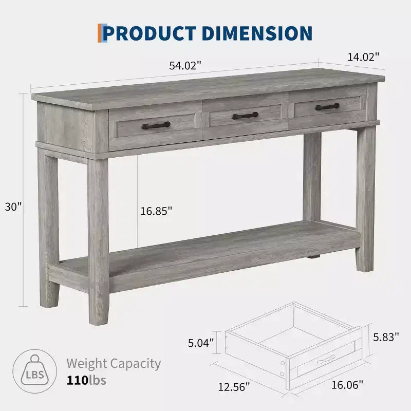 Console de ferme avec 3 tiroirs, table de canapé d'entrée en bois de 54 po avec étagères de rangement pour salon, couloir ou hall d'entrée