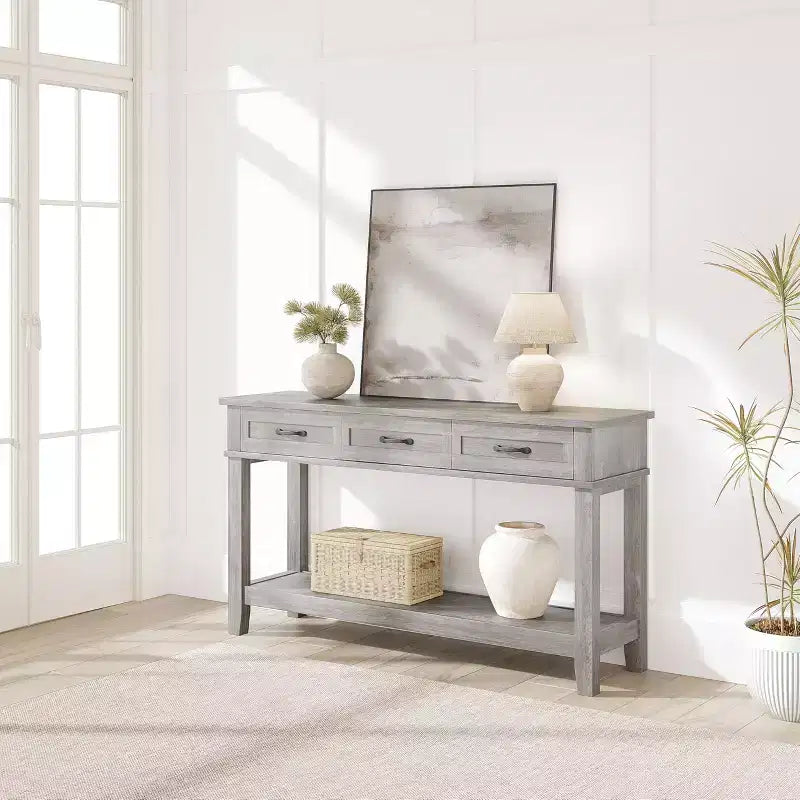 Console de ferme avec 3 tiroirs, table de canapé d'entrée en bois de 54 po avec étagères de rangement pour salon, couloir ou hall d'entrée