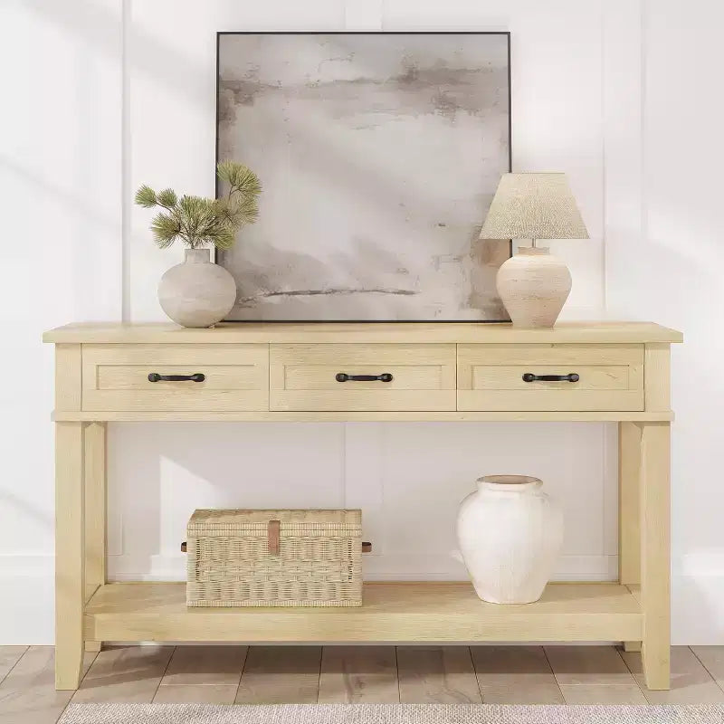Console de ferme avec 3 tiroirs, table de canapé d'entrée en bois de 54 po avec étagères de rangement pour salon, couloir ou hall d'entrée