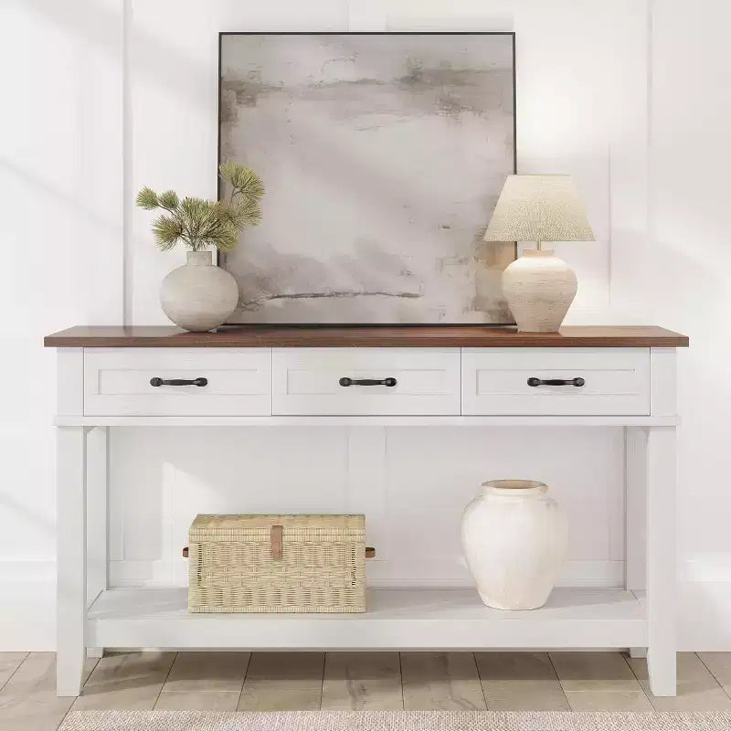 Console de ferme avec 3 tiroirs, table de canapé d'entrée en bois de 54 po avec étagères de rangement pour salon, couloir ou hall d'entrée