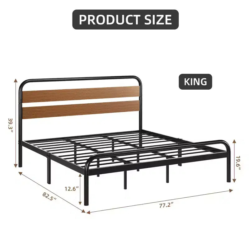 Cadre de lit plateforme King Size, cadre de lit King Size de style industriel avec tête de lit en bois, cadre de lit en métal robuste avec lattes de support en métal