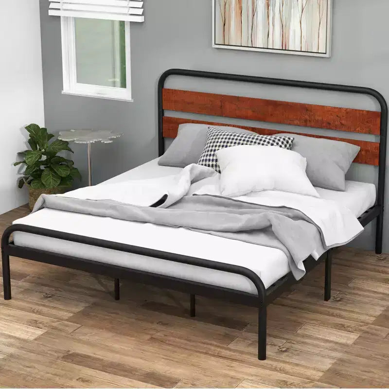 Cadre de lit plateforme King Size, cadre de lit King Size de style industriel avec tête de lit en bois, cadre de lit en métal robuste avec lattes de support en métal